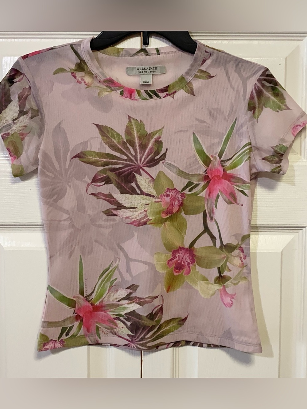 All Saints Pink Floral Crewneck Blouse with Green Leaf Print (US4)